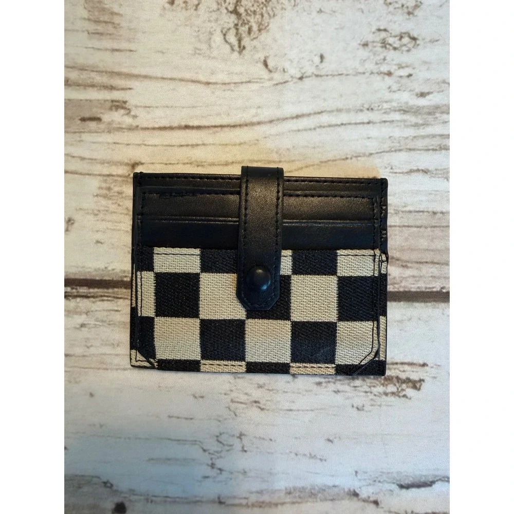 Black and Cream Checkered Card Holder Wallet Snap Closure Slim Minimalist